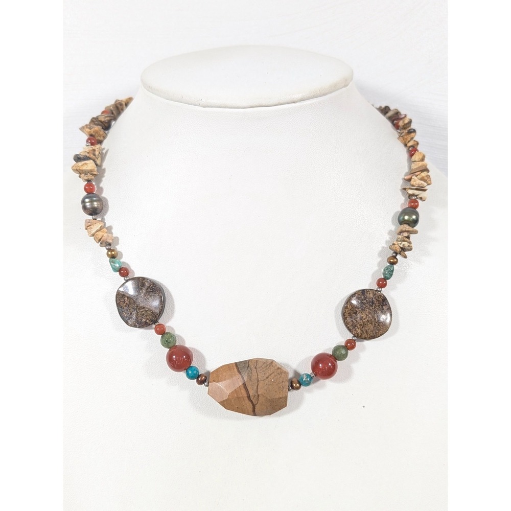 BARSE Multi-Color Stone Beaded Necklace Jasper Turquoise‎ Pearl Earth Tone 19 in